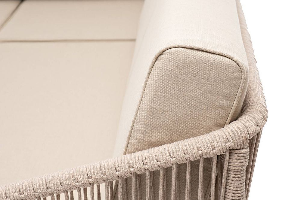 "Канны" диван модульный плетеный из роупа, каркас алюминий белый, роуп бежевый круглый, ткань бежевая 15052