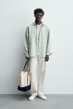 ZARA РУБАШКА КЛАССИЧЕСКОГО КРОЯ ИЗ ЛЬНА И ХЛОПКА, ВОДЯНИСТО-ЗЕЛЕНЫЙ