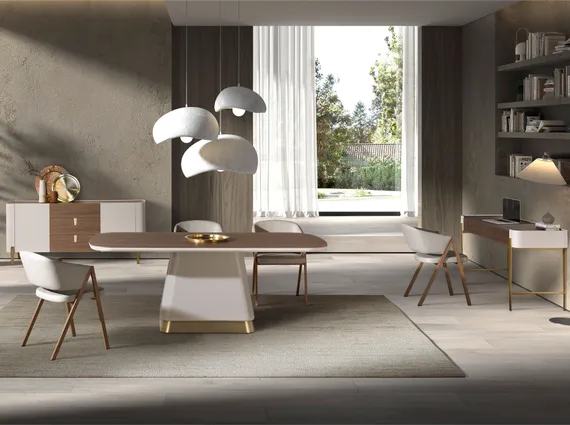 Прямоугольный обеденный стол 1166 из орехового и бежевого дерева