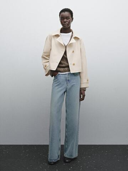 Massimo Dutti Короткий тренч из смесового хлопка, бежевый