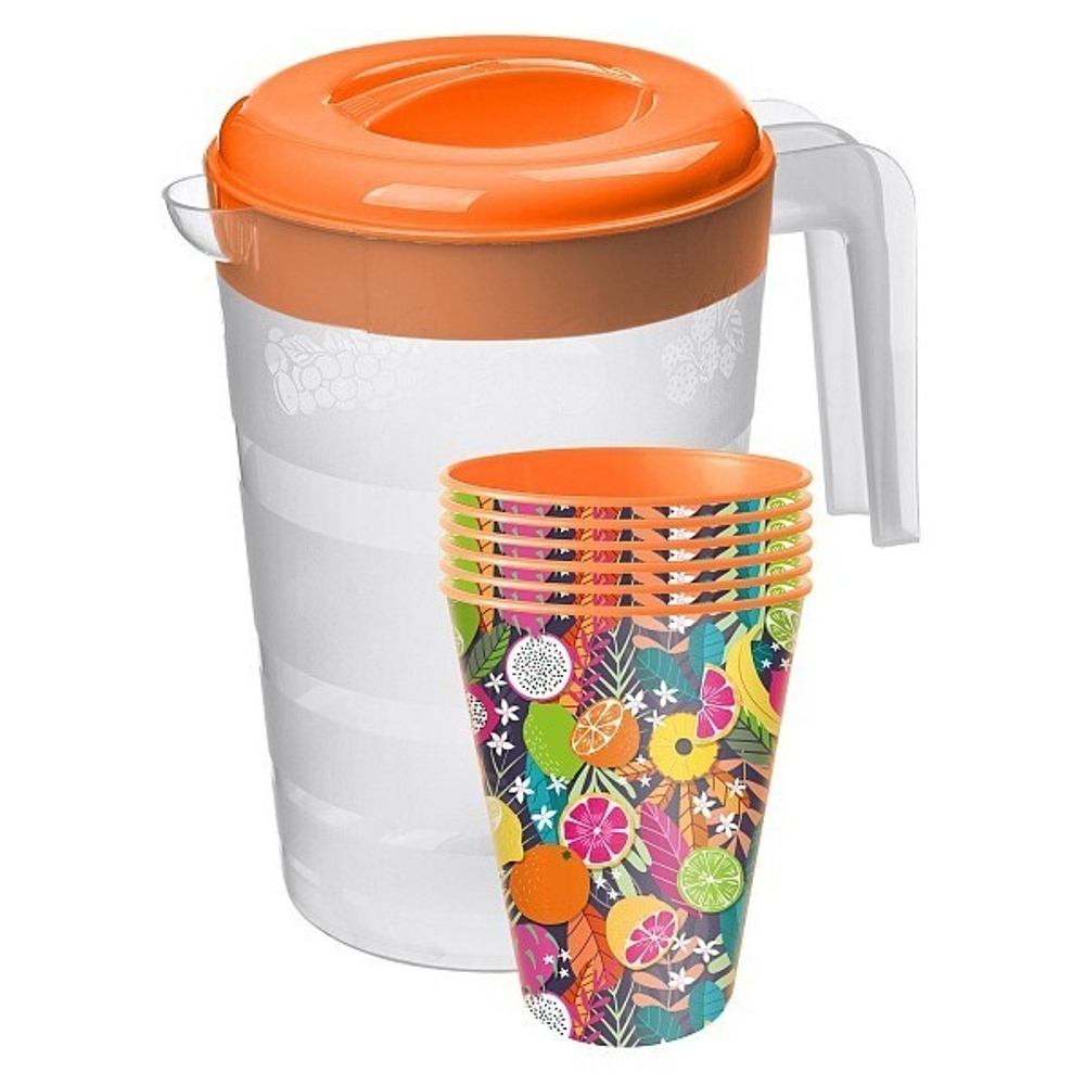 Набор для пикника, 7 предметов (кувшин 2 л, стакан с декором 420мл – 6 шт) оранжевый