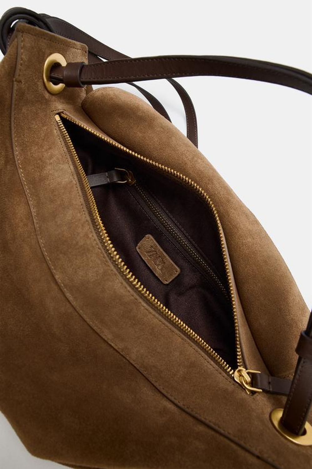 ZARA УДЛИНЕННАЯ КОЖАНАЯ СУМКА, ПЕСОЧНЫЙ/КОРИЧНЕВЫЙ