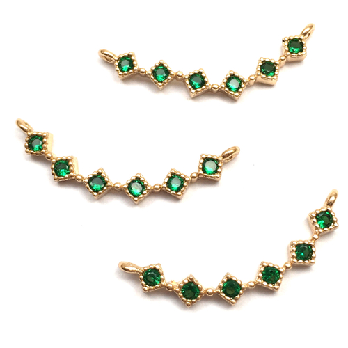 Коннектор с зелеными фианитами "6 ромбов" 28х4 мм, позолота