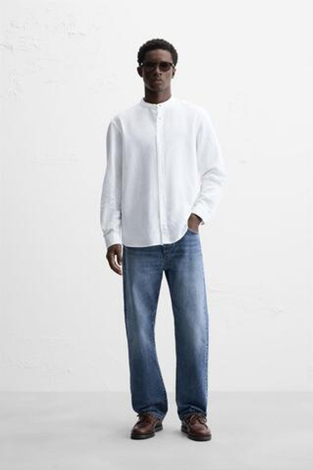 ZARA РУБАШКА ИЗ ХЛОПКА И ЛЬНА, БЕЛЫЙ