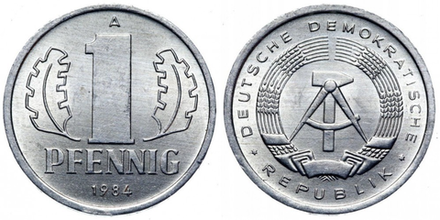 Германия - ГДР 1 пфенниг, 1977-1990 Герб XF