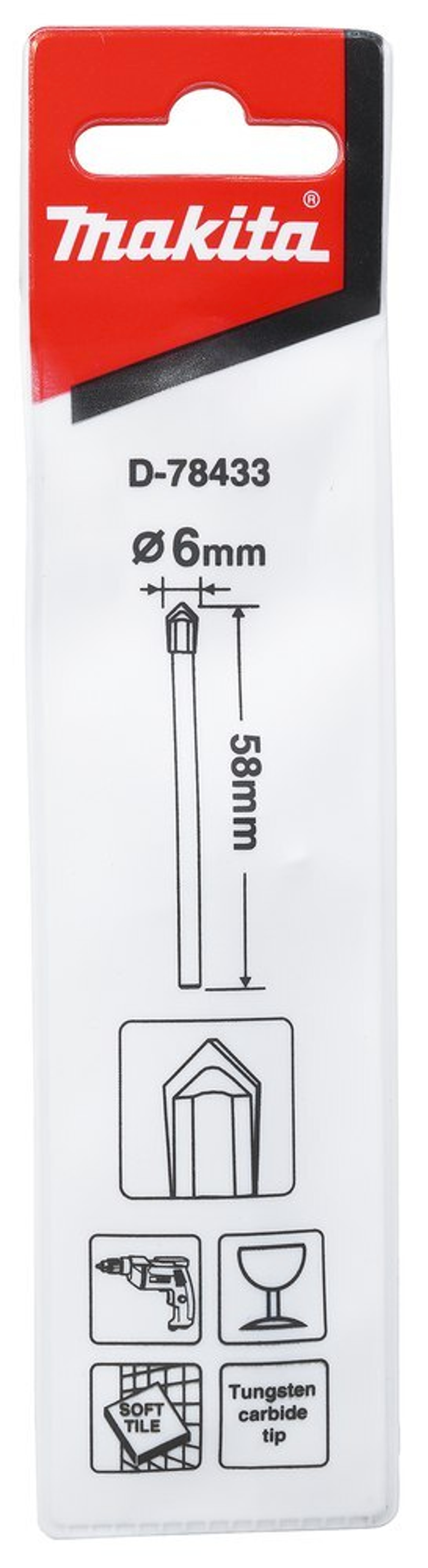 Сверло по стеклу GEN2 6x58 Makita D-78433 Стекло/ Керамика 10 x 80 мм хвостовик 1/4\"