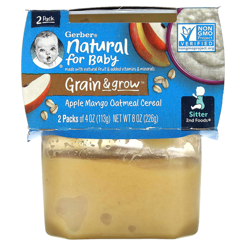 Gerber, Natural for Baby, Grain & Grow™, 2nd Foods®, овсяная каша с яблоком и манго, 2 пакетика по 113 г (4 унции)