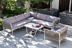 "Касабланка" диван модульный плетеный из роупа, каркас алюминий, роуп серо-коричневый 23мм, ткань бежевая 052