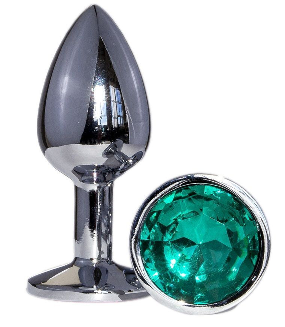 Металлическая анальная втулка с изумрудным кристаллом - 7,2 см. (Цвет: изумрудный)