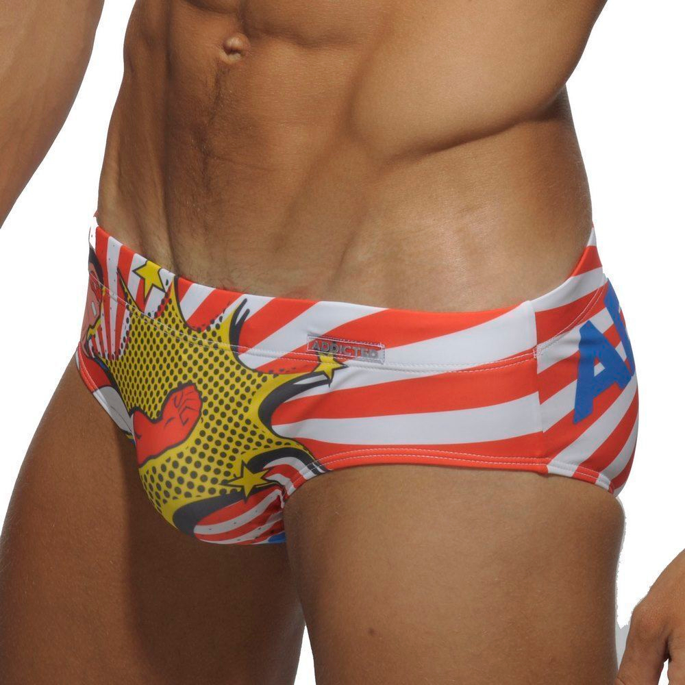 Мужские плавки брифы оранжевобелые с принтом Addicted ПУШ-АП