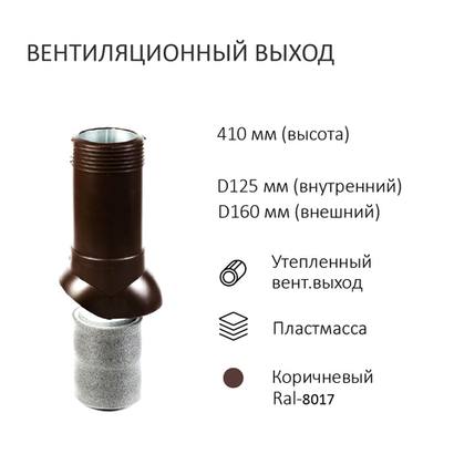 Вентиляционный выход изолированный D125/160 утепленный, высота H-500, коричневый