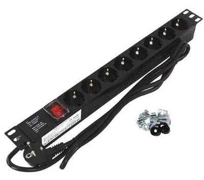 Блок электрических розеток 1U, 19", 8 розеток, с выключателем, шнур 1,8м, пластиковый корпус