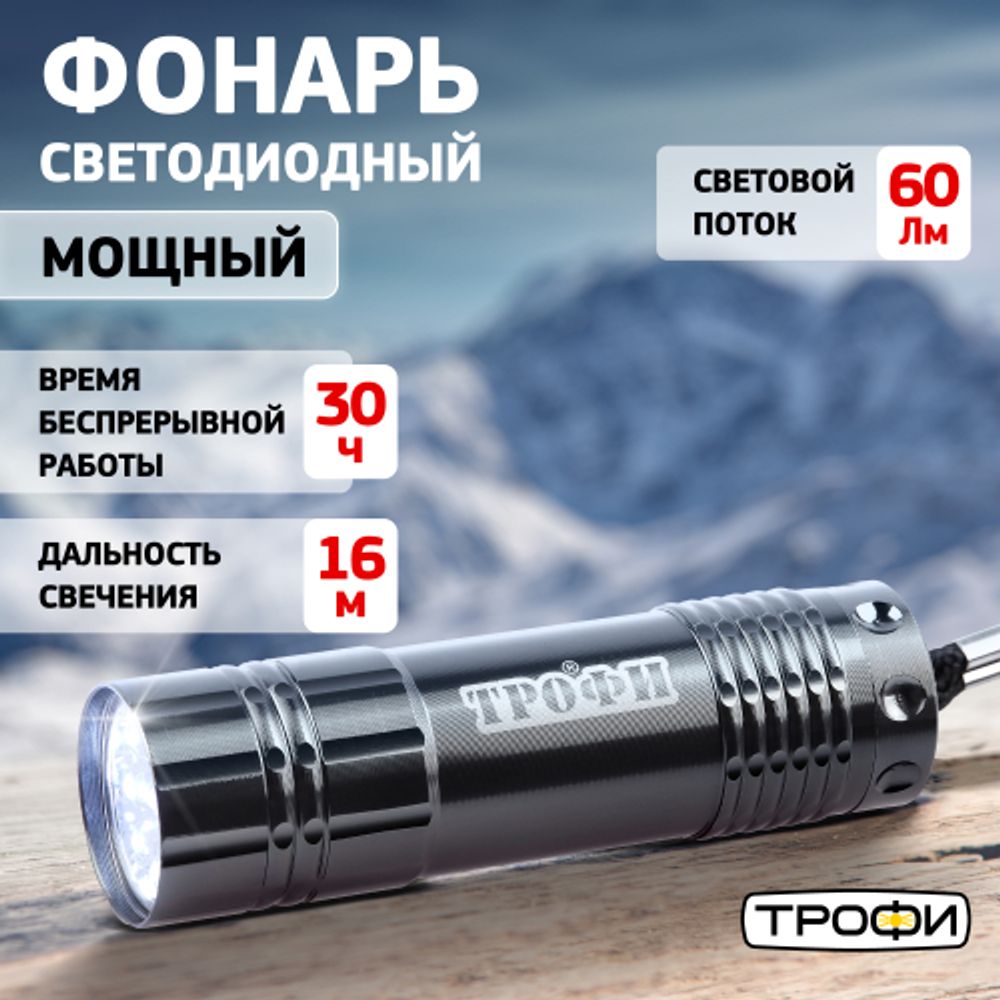 Светодиодный фонарь Трофи TM9 ручной на батарейках алюминиевый | Трофи
