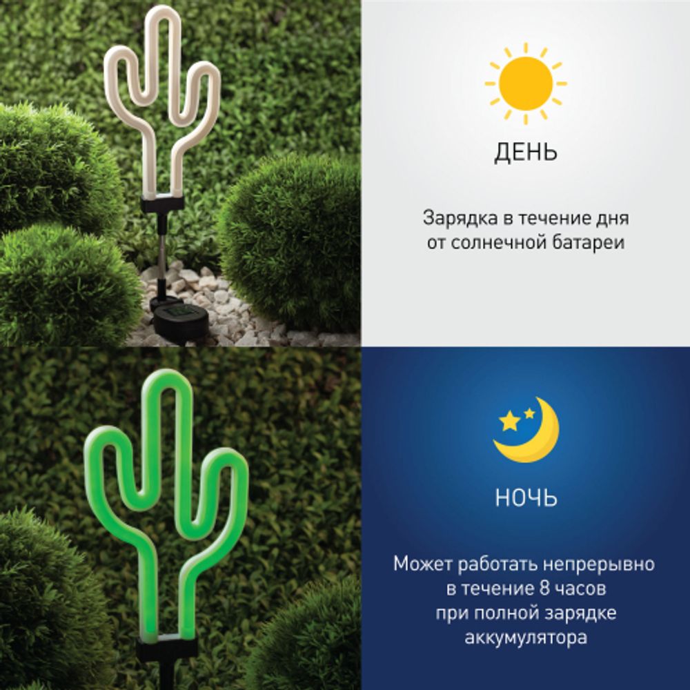 Светильник уличный ЭРА ERASF012-31 садовый неоновый Кактус на солнечной батарее