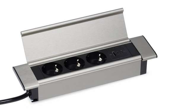 Блок розеток с откидной крышкой (3 розетки, USB-A, USB-C) G4103Q-2AC.N Серебро/Черный 260*66*11