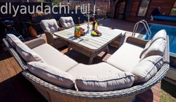 Угловой комплект дачной мебели из искусственного ротанга СОРРЕНТО обеденная группа ( подушки темно-серые)