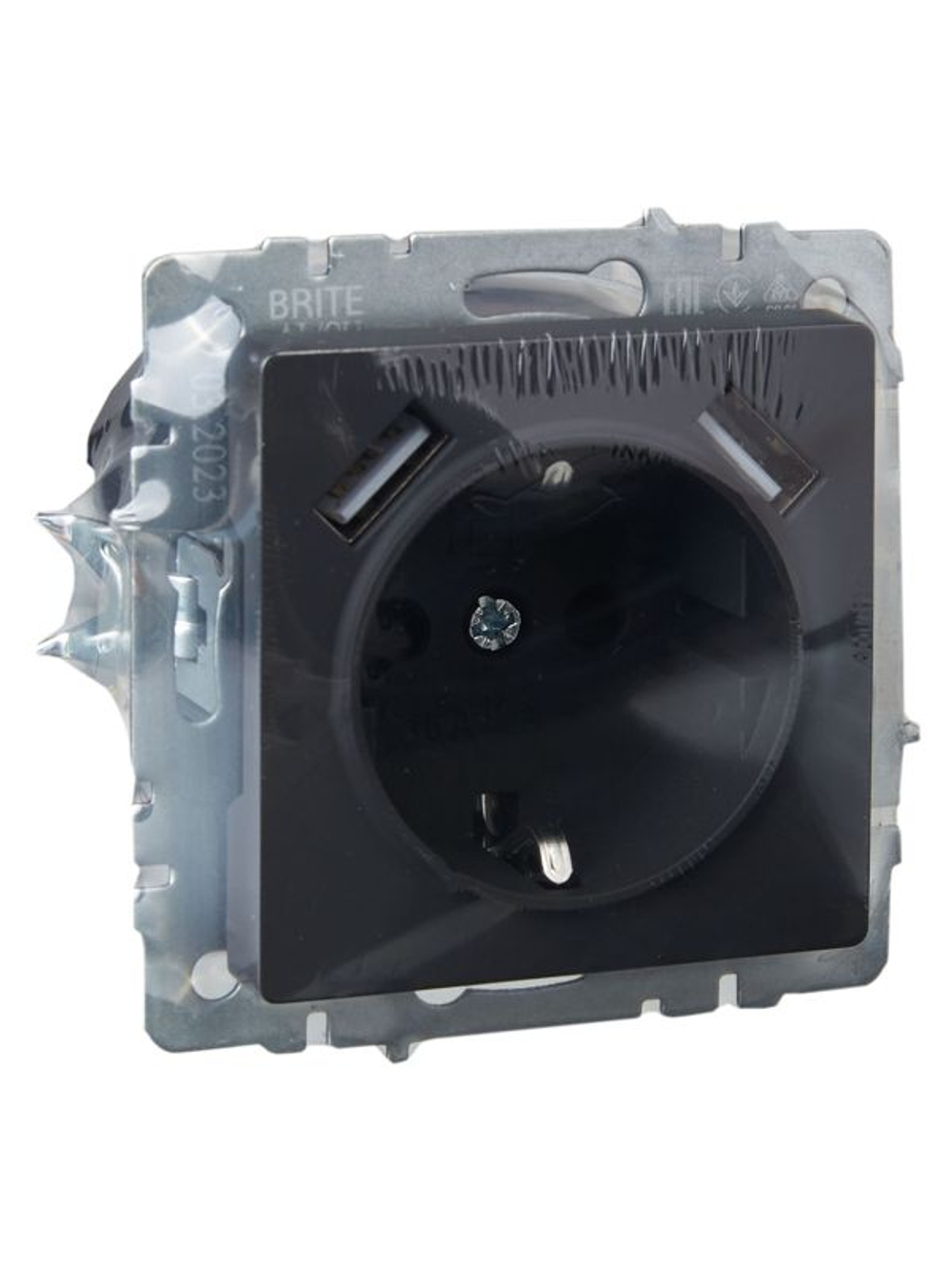 Розетка BRITE РЮш10-1-БрГ 16А с USB A+A 2.1А с заземл. защ. шторки механизм графит IEK BR-R14-16-U21-D21-K53