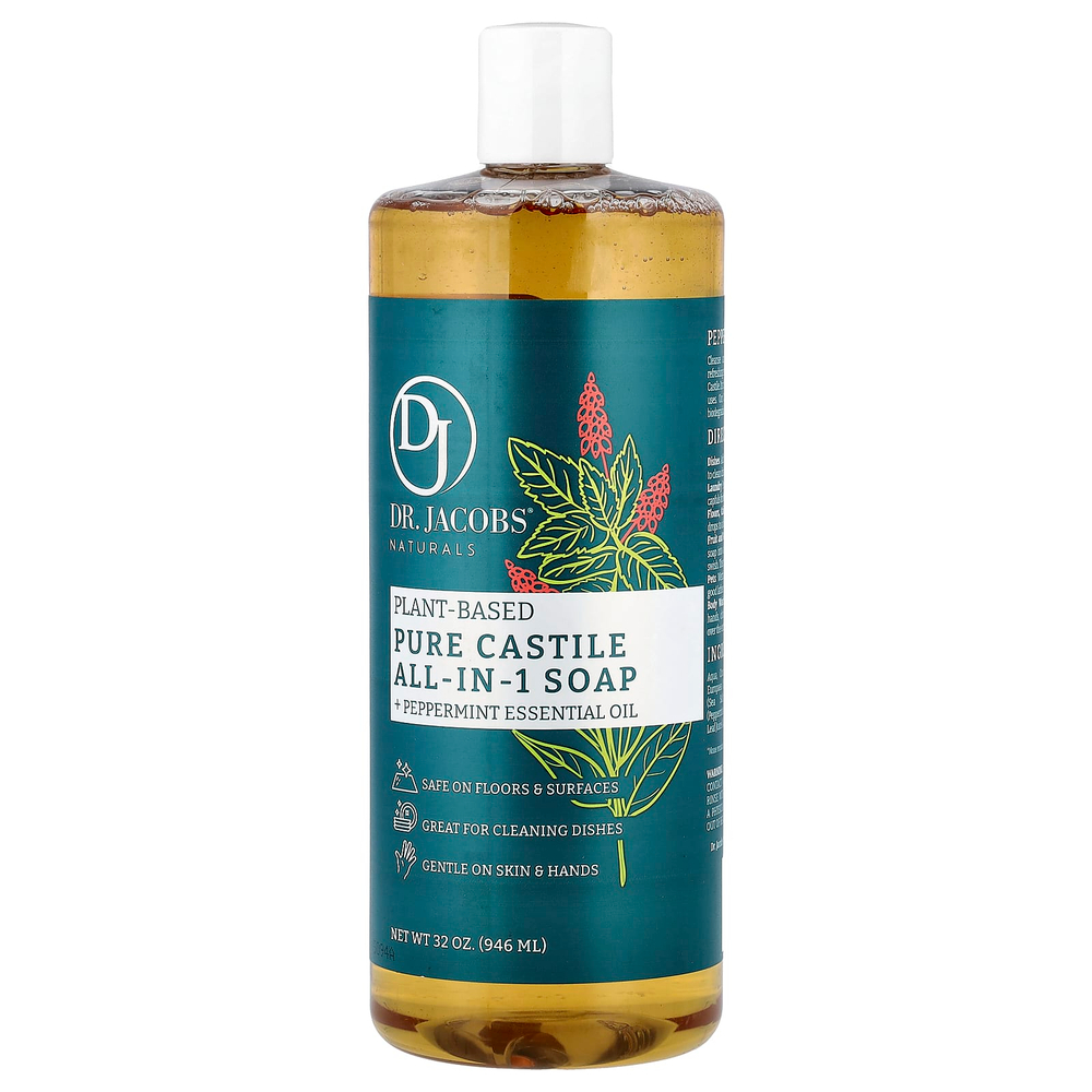 Dr. Jacobs Naturals, Чистое кастильское универсальное мыло на растительной основе, эфирное масло перечной мяты, 946 мл (32 унции)