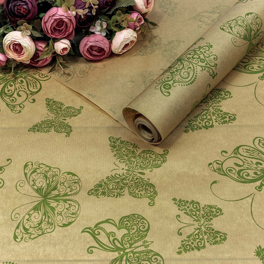 Бумага В рулоне "Мотыльки" 72 см х 10 м Верже (Зеленый, Крафт)