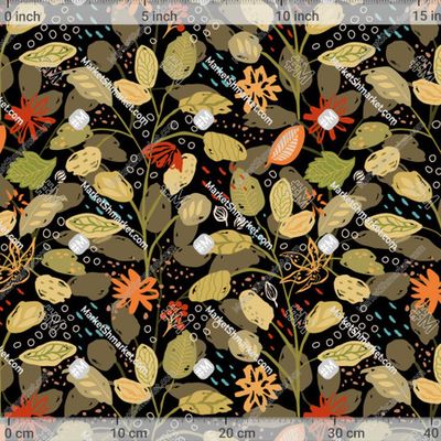 Яркие осенние листья, цветы и ветви на черном фоне by Tani Kuzminka 469 DPI