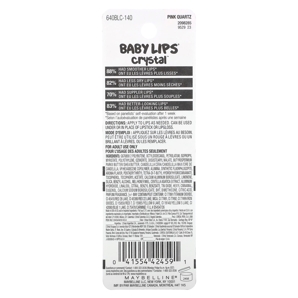 Maybelline, Baby Lips Crystal, увлажняющий бальзам для губ, розовый кварц 140, 4,4 г