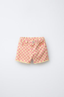 ZARA БЕРМУДЫ MOM FIT ИЗ САРЖИ В ШАХМАТНУЮ КЛЕТКУ, РОЗОВЫЙ