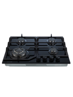Газовая варочная панель шириной 60 см, Macbi MBH64WFGL.V1 (Model 2024) с Wok-конфоркой, Чёрное закаленное стекло, Электроподжиг, Газ-контроль, Решетки из чугуна