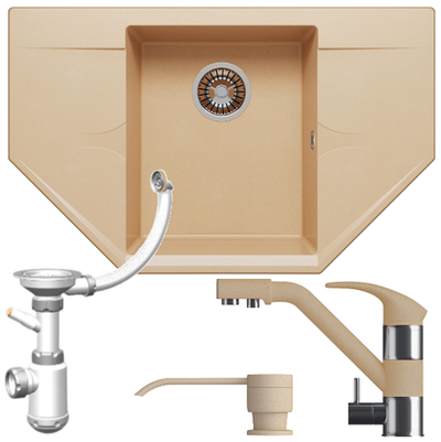 Мойка POLYGRAN RIFF-800 бежевый №27, смеситель ДУО бежевый