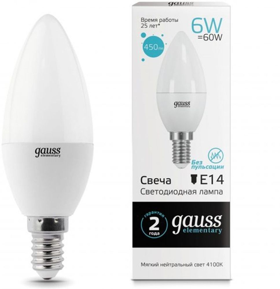 Лампа Gauss LED Elementary Свеча 6W E14 450 lm 4100K  33126