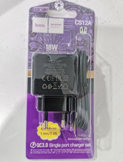 Сетевое зарядное устройство 1 USB HOCO CS12A Ocean, PD18Вт, QC3.0, кабель USB - микро USB, цвет: чёрный