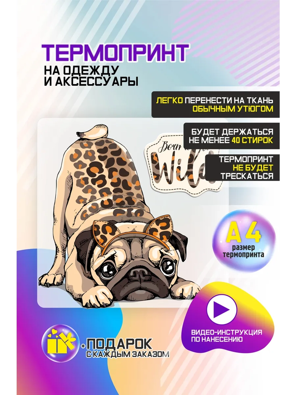 Термонаклейка на одежду, термопринт "Мопс"