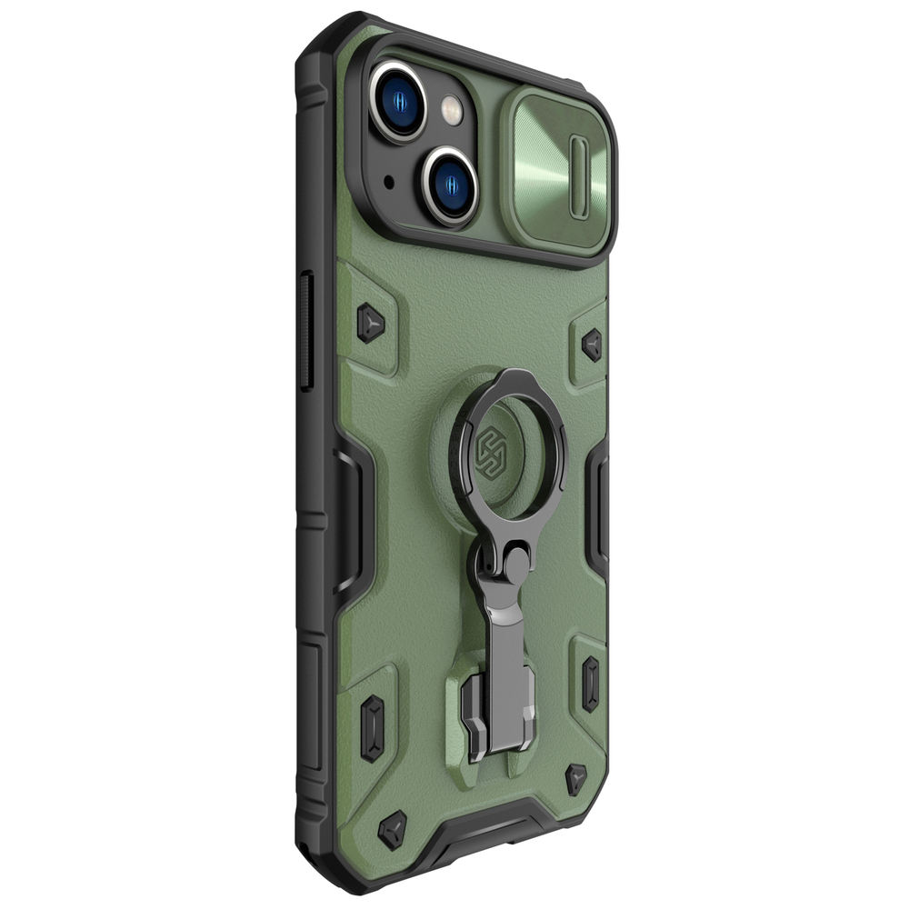 Чехол зеленого цвета (Dark Green) для iPhone 14 и 13 от Nillkin серия CamShield Armor Pro, с металлическим поворотным кольцом и защитной шторкой для камеры