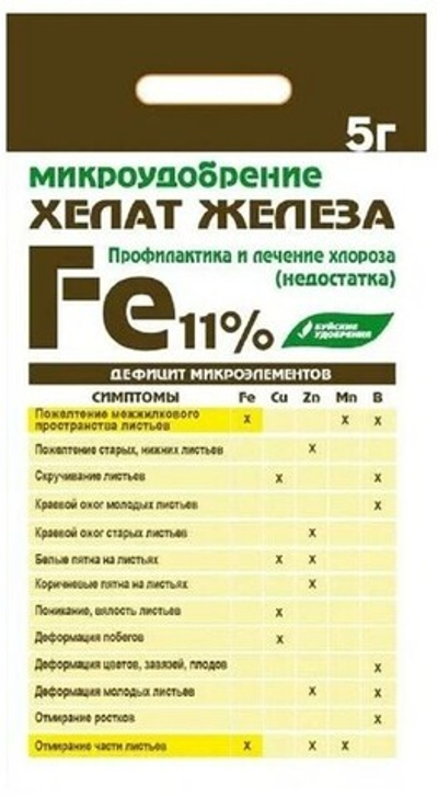 Удобрение микро ХЕЛАТ ЖЕЛЕЗА для полива и опрыскивания в качестве профилактики недостатка (хлороза) железа 5 г.