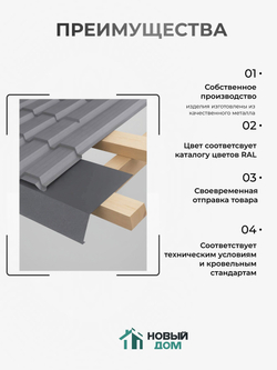 Конек кровельный, плоский 100*100*2000мм, Комплект 2шт, RAL9003, 0,45мм