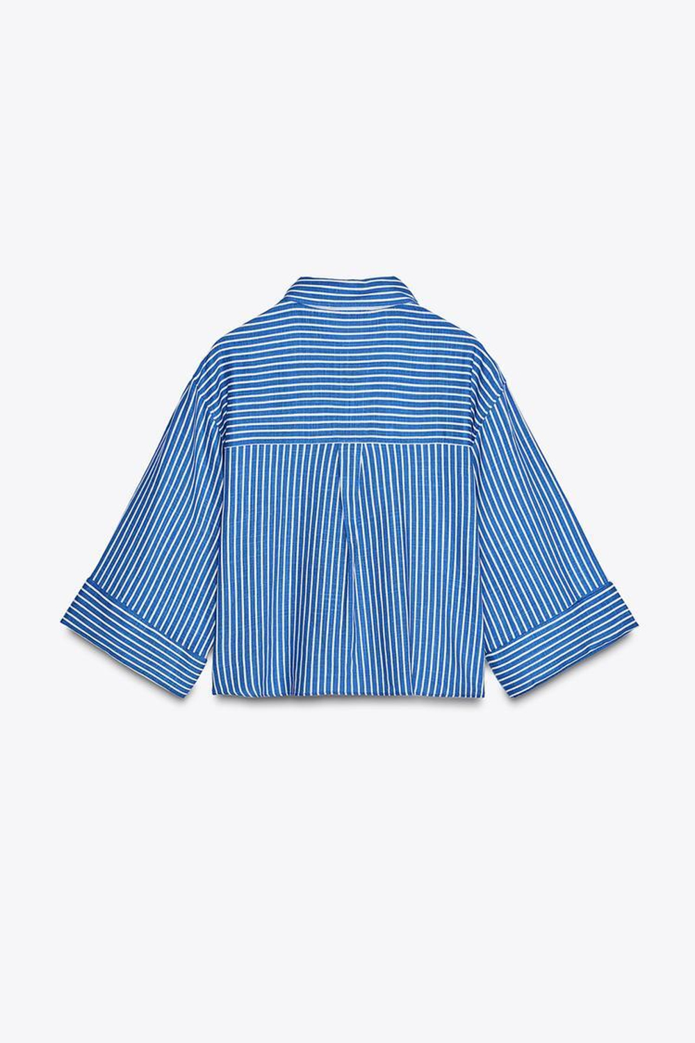 ZARA РУБАШКА ИЗ СМЕСОВОГО ЛЬНА С ШИРОКИМИ РУКАВАМИ, СИНИЙ/БЕЛЫЙ