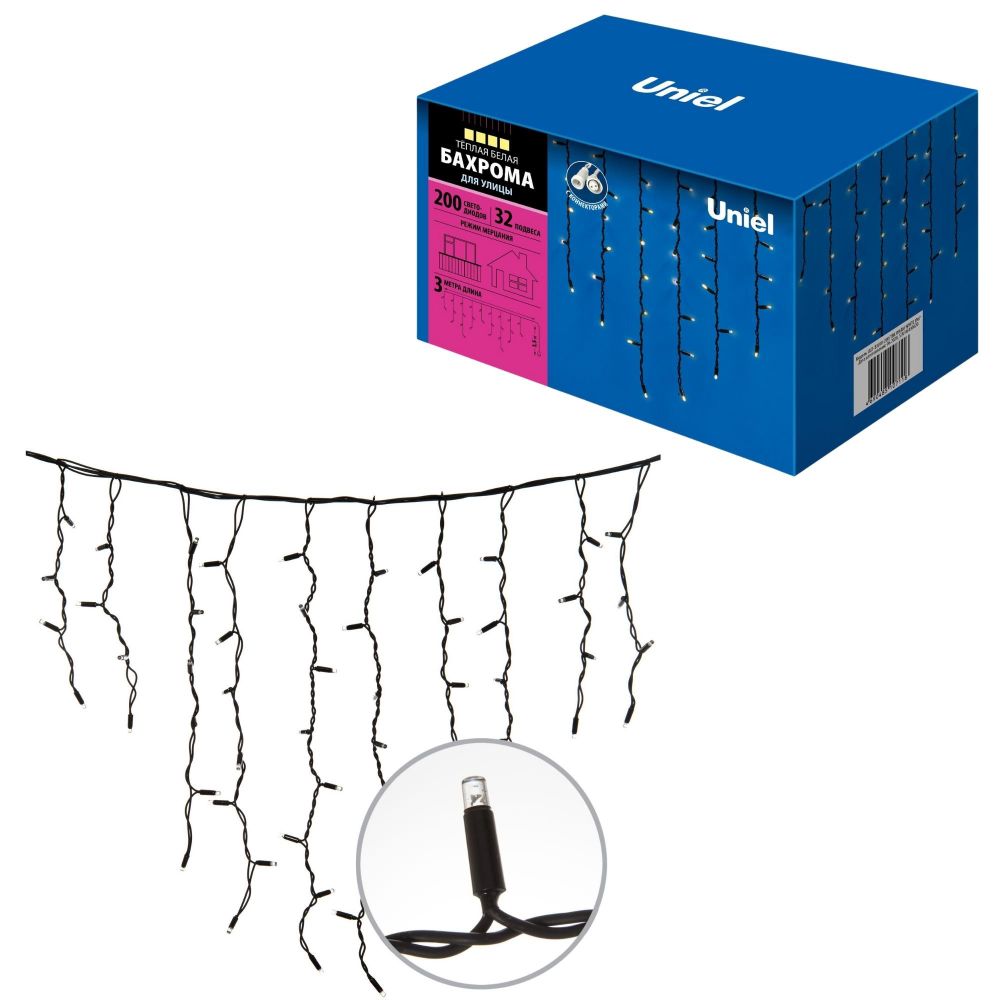ULD-B3010-200-TBK WARM WHITE IP67 Бахрома светодиодная с эффектом мерцания. 3м. Соединяемая. 200 светодиодов. Теплый белый свет. Провод черный. TM Uniel.