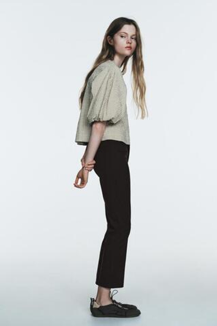 ZARA ТОП В КЛЕТКУ С ОБЪЕМНЫМИ РУКАВАМИ, ПЕСОЧНЫЙ/ЧЕРНЫЙ