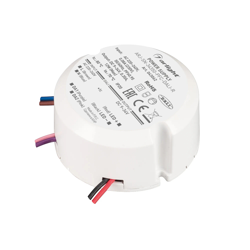 Блок питания ARJ-SN-34350-PFC-DALI-R (12W, 9-34V, 0.35A) (Arlight, IP20 Пластик, 3 года) 043062