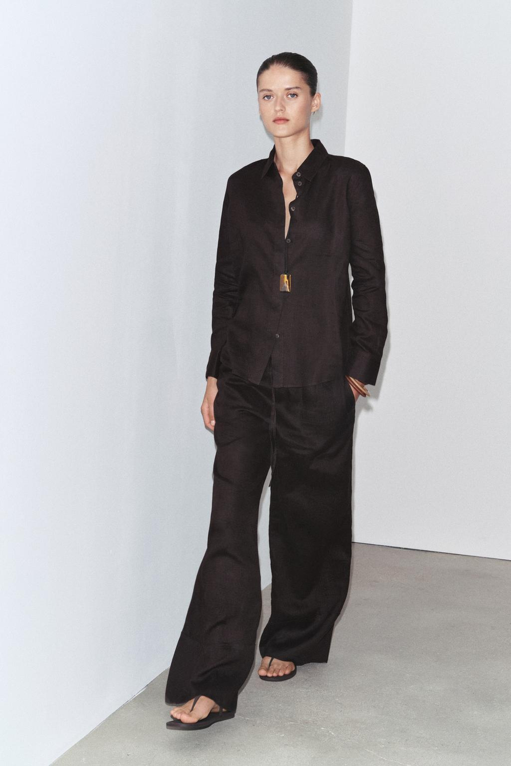 ZARA РУБАШКА ИЗ 100% ЛЬНА — ZW COLLECTION, КОРИЧНЕВЫЙ