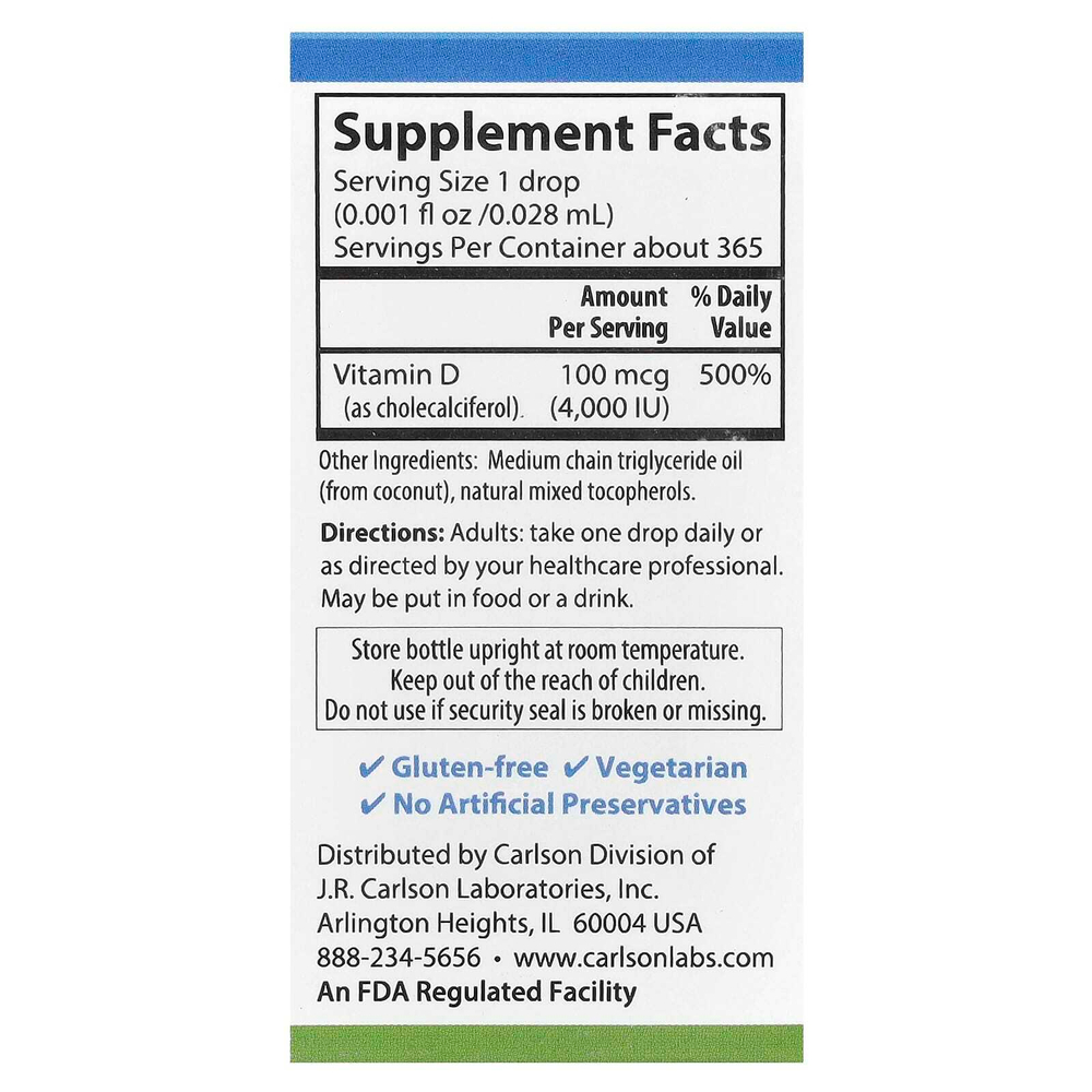 Carlson, Super Daily® D3, 100 мкг (4000 МЕ), 10,3 мл (0,35 жидк. Унции)
