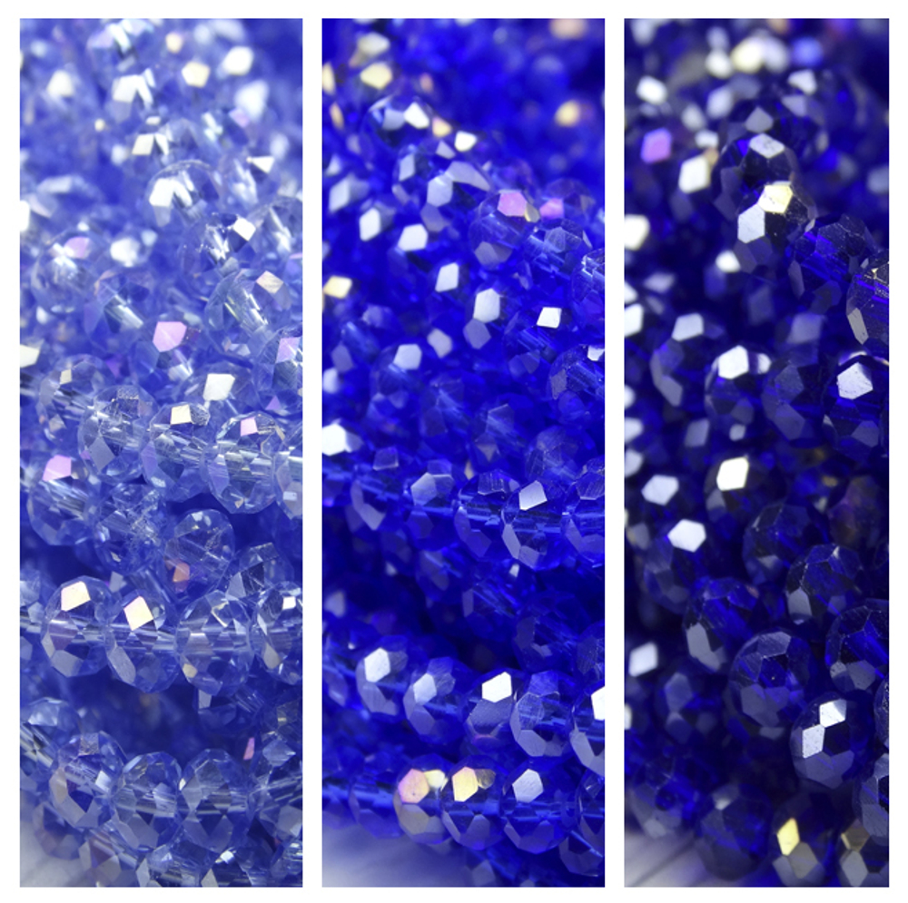 Хрустальные бусины "рондель", комплект из трех цветов: светло-голубой с AB покрытием, светло-синий с AB покрытием, синий с AB покрытием, размер: 3х4 мм, общее количество: 290-300 бусин.