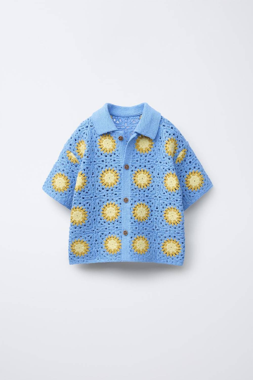 ZARA ТРИКОТАЖНАЯ РУБАШКА ИЗ КРУЖЕВА КРОШЕ, ГОЛУБОЙ