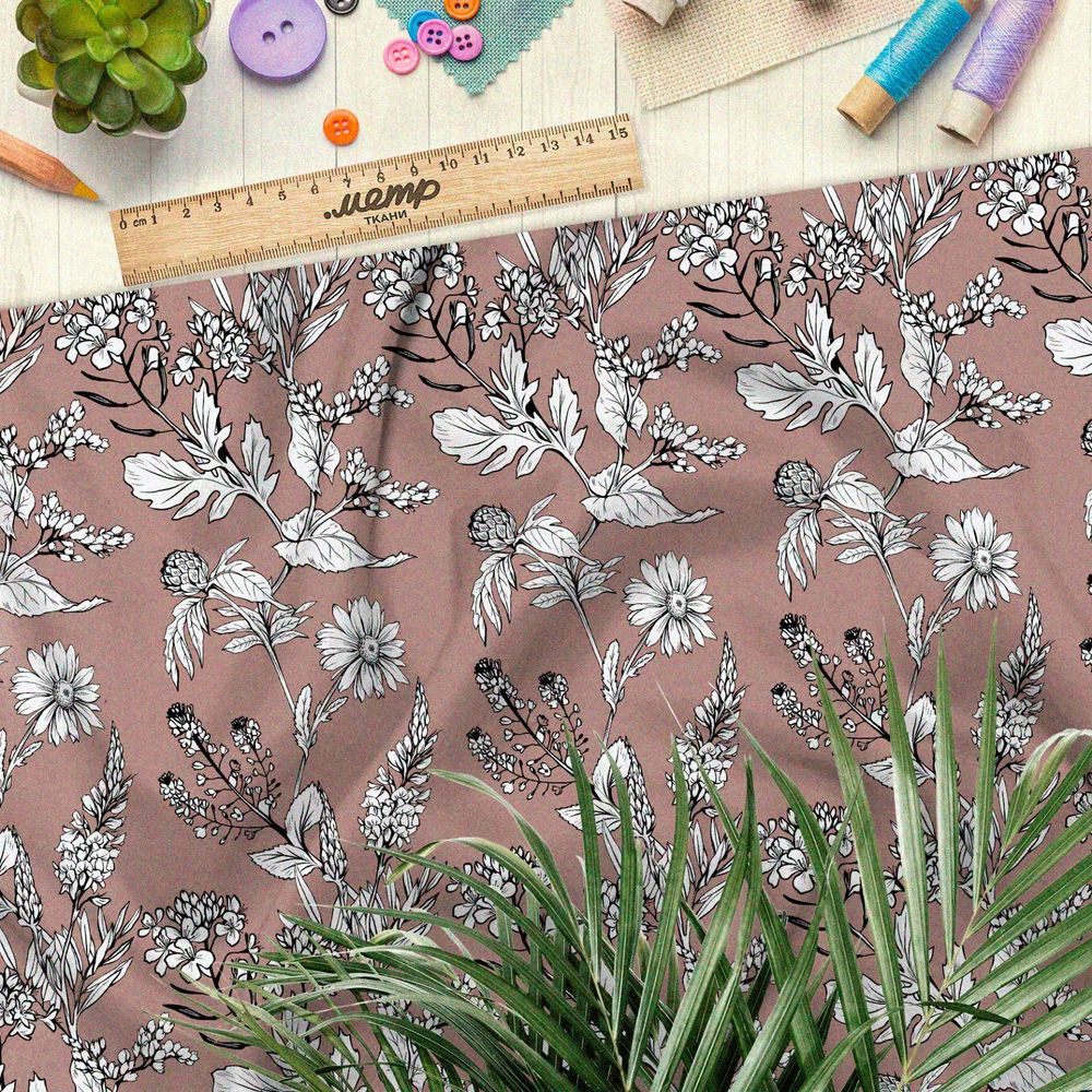 Ткань интерлок белые ромашки на коричневом фоне