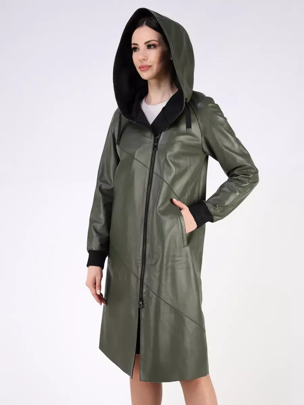 Кожаный плащ длинный с капюшоном пальто