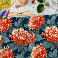 Ткань Барби хризантемы на сероголубых листьях