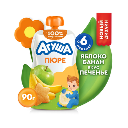 Пюре фруктовое Агуша Яблоко-банан-печенье 90 гр пауч