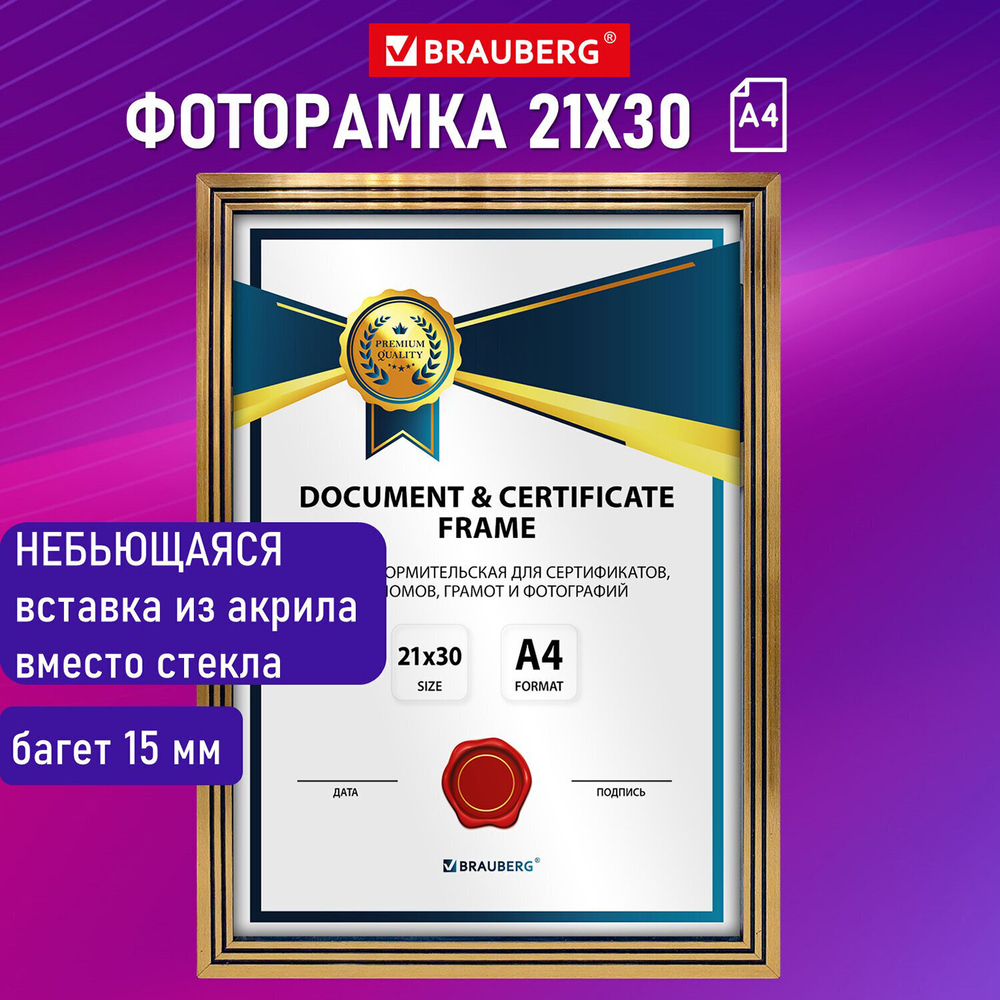 Рамка 21х30 см небьющаяся багет 15 мм пластик BRAUBERG "Respect" бронзовая (2 штуки в упаковке)