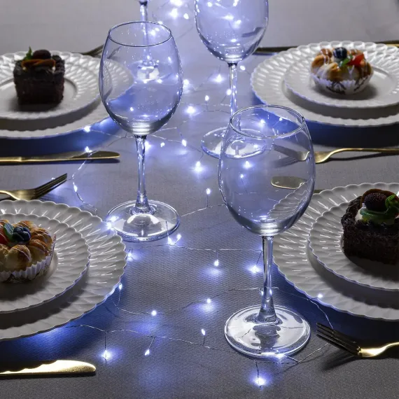 Гирлянда нить-роса 5 м., IP20, серебристая нить, 100 холодных белых LED, 2 режима, AAх3, Luazon Lighting (5198381)