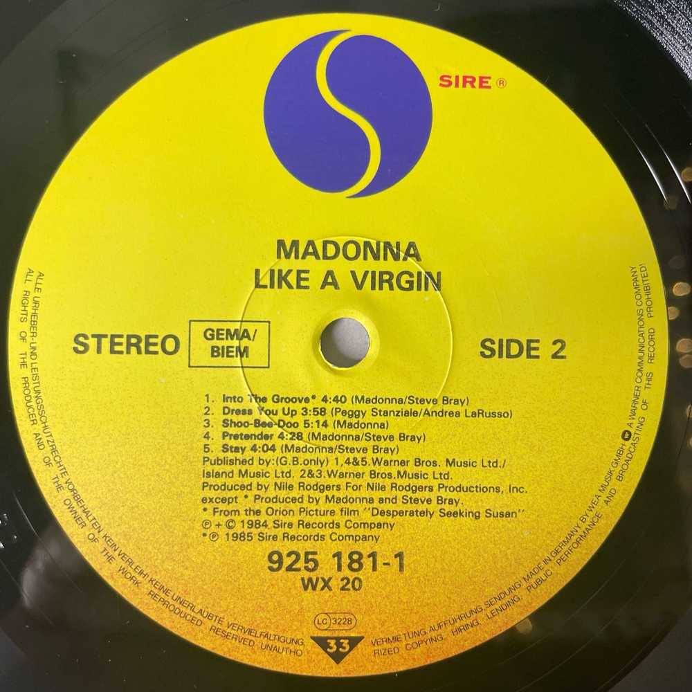 Винтажная виниловая пластинка LP Madonna Like A Virgin (Germany 1985) Material Girl