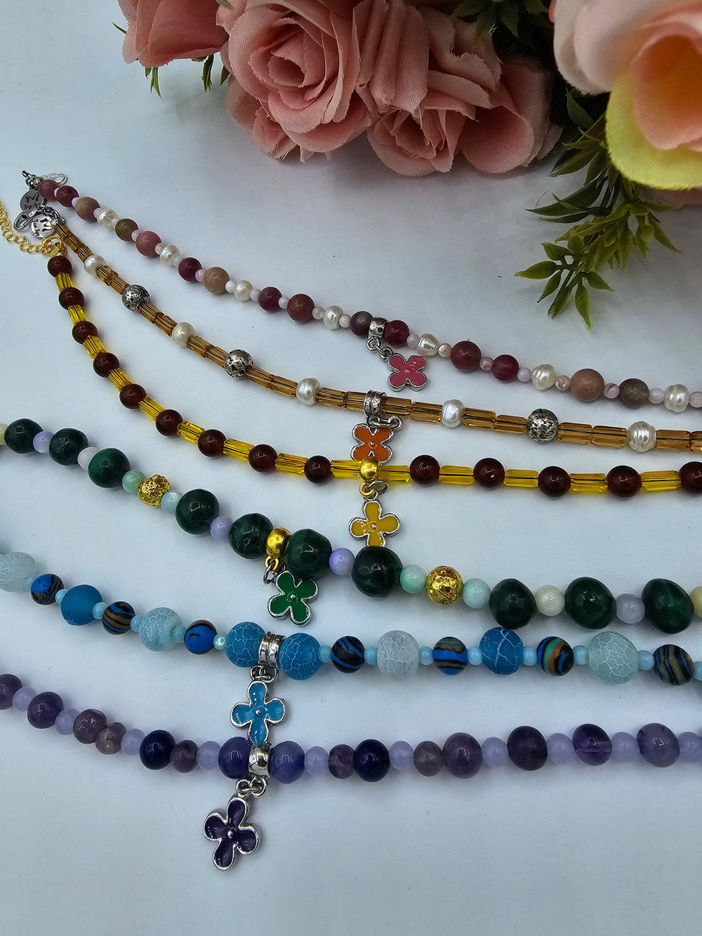 Анклет авторский ручной работы из натуральных камней "Радуга. Красный"